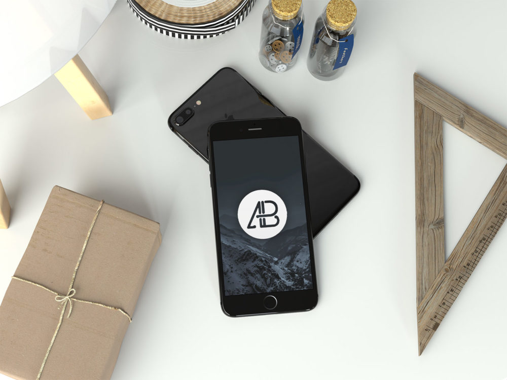 Realistic Jet Black iPhone 7 Plus Free Mockup