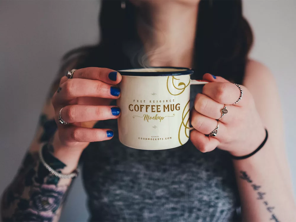 Free Enamel Coffee Mug Photo Mockup PSD
