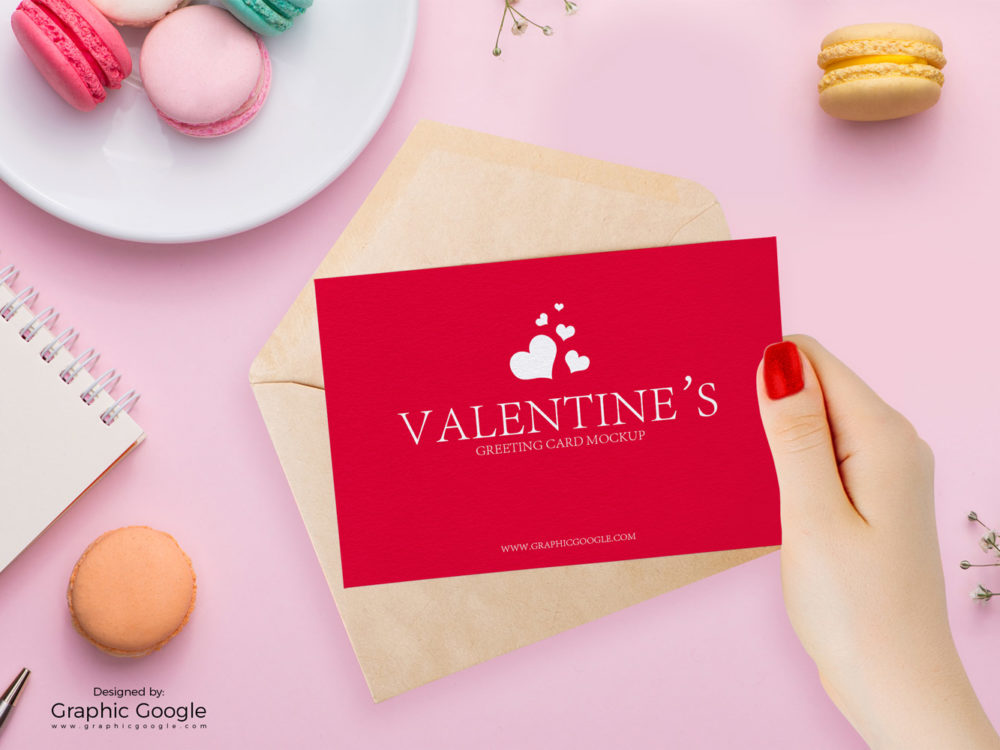 Free Valentines Greeting Card in Girl Hand Mockup