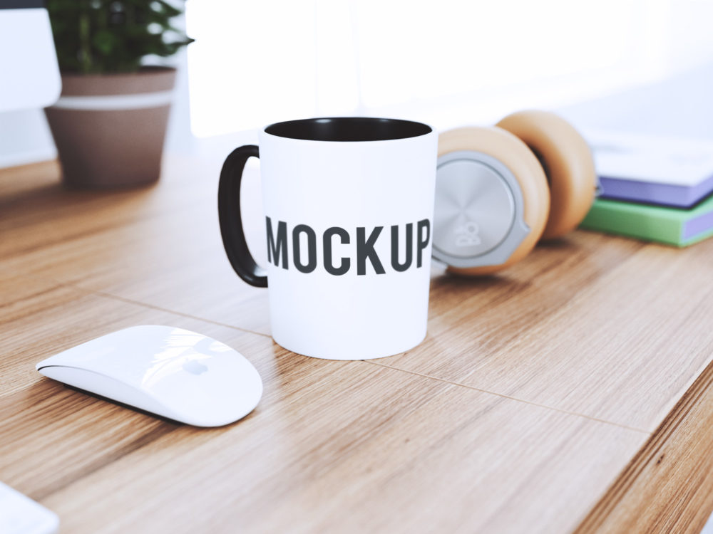 Cup on Desk Mock Up Free PSD