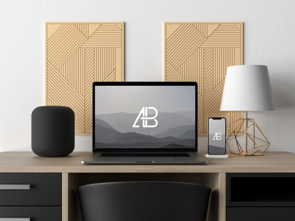 Macbook Pro and iPhone X on Desk Mockup