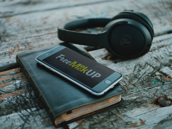 iPhone with Headphone PSD Mockup