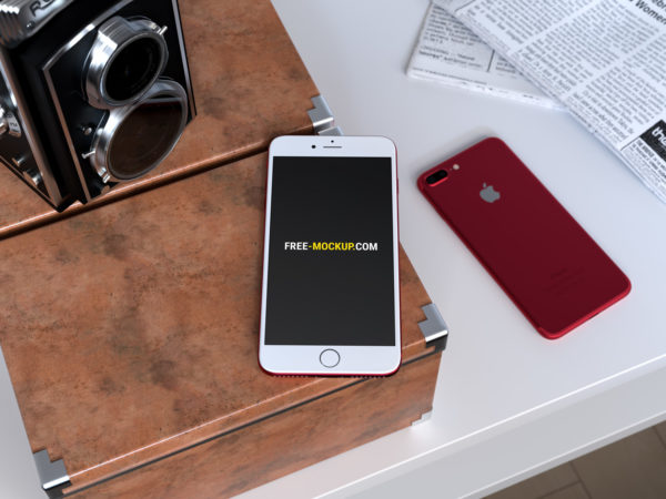 Red iPhone 7 on Desk Mockup