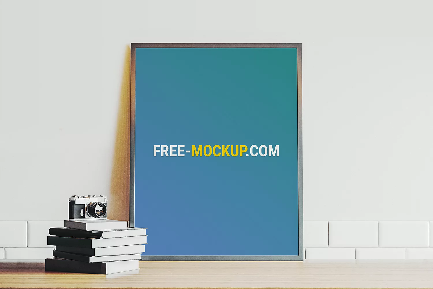 Poster on Wooden Table Mockup Free Mockup