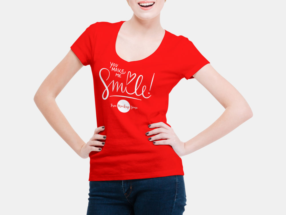 Free Smiling Woman Wearing V-Shape T-Shirt Mockup PSD