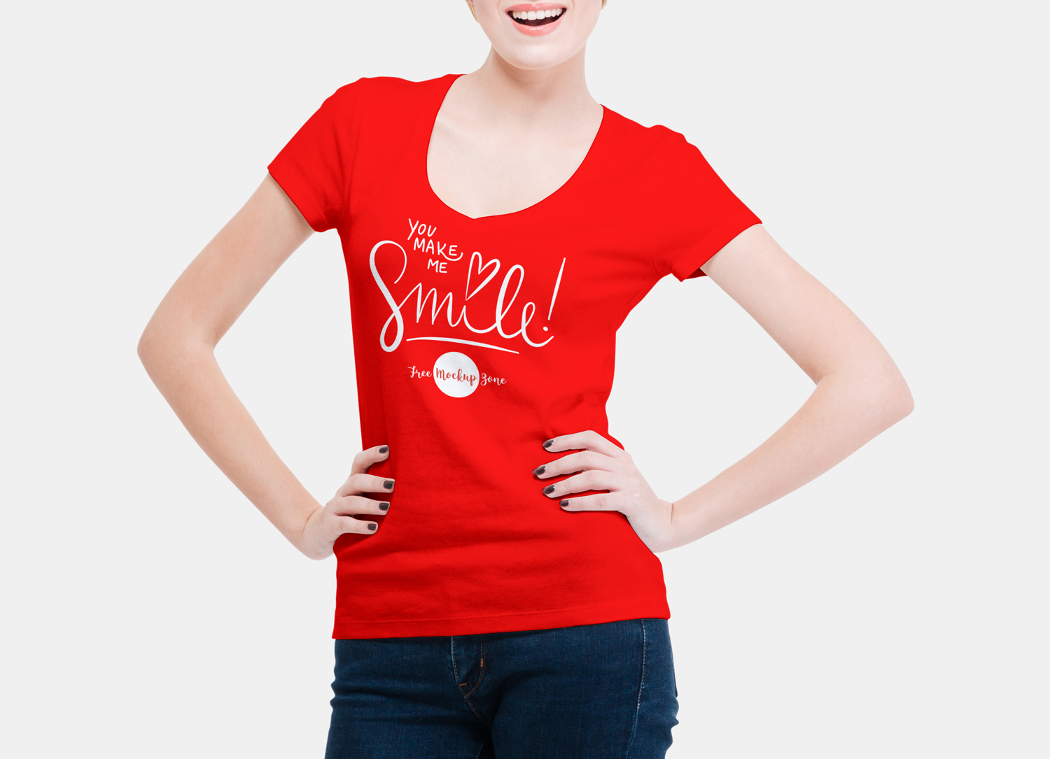 Download Smiling Woman Wearing V-Shape T-Shirt | Free Mockup