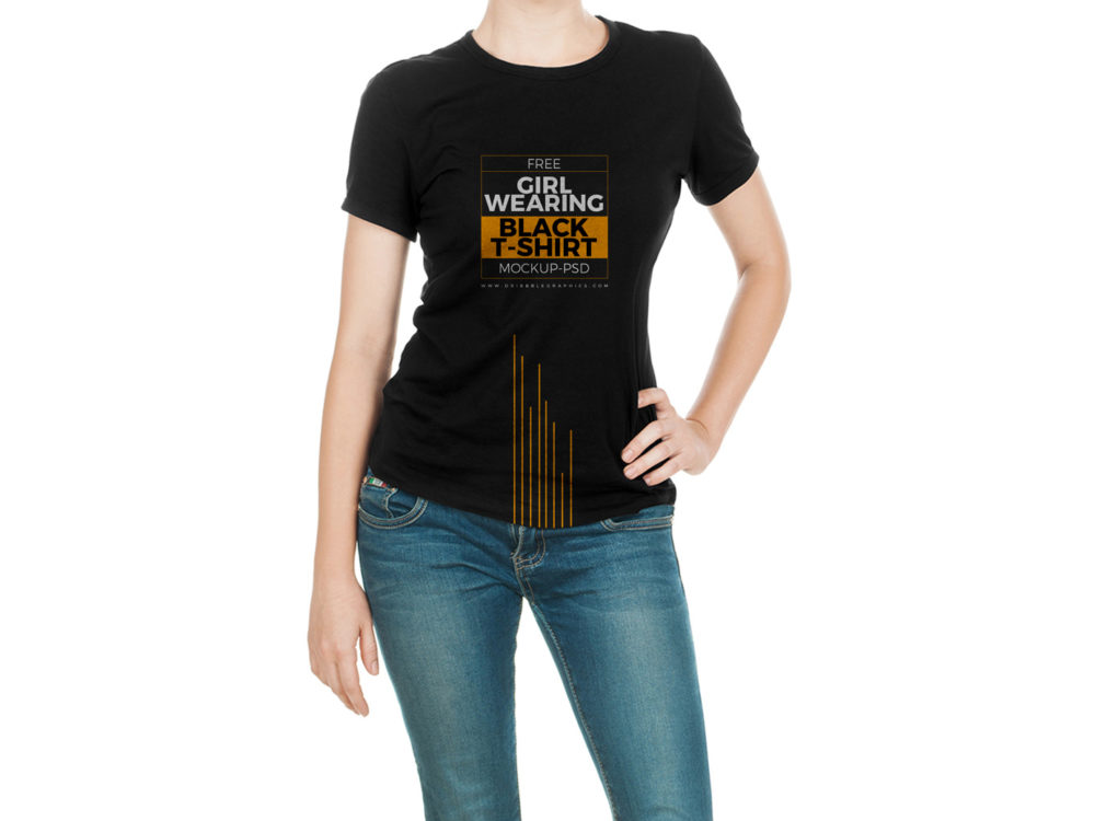 Download Girl Wearing Black T-Shirt Mock-Up | Free Mockup