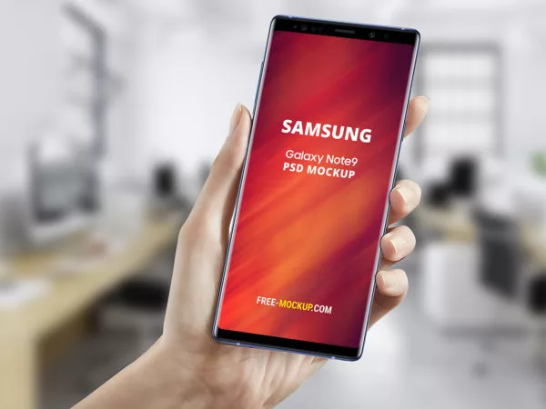 Hand Holding Samsung Galaxy Note 9 Smartphone Mockup