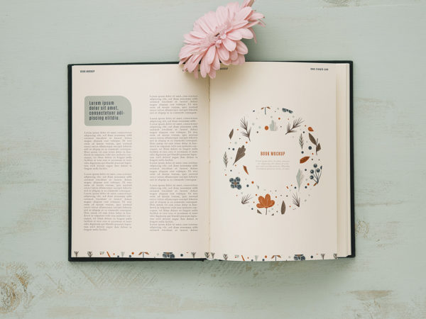 Open Book Mockup with Pink Flower