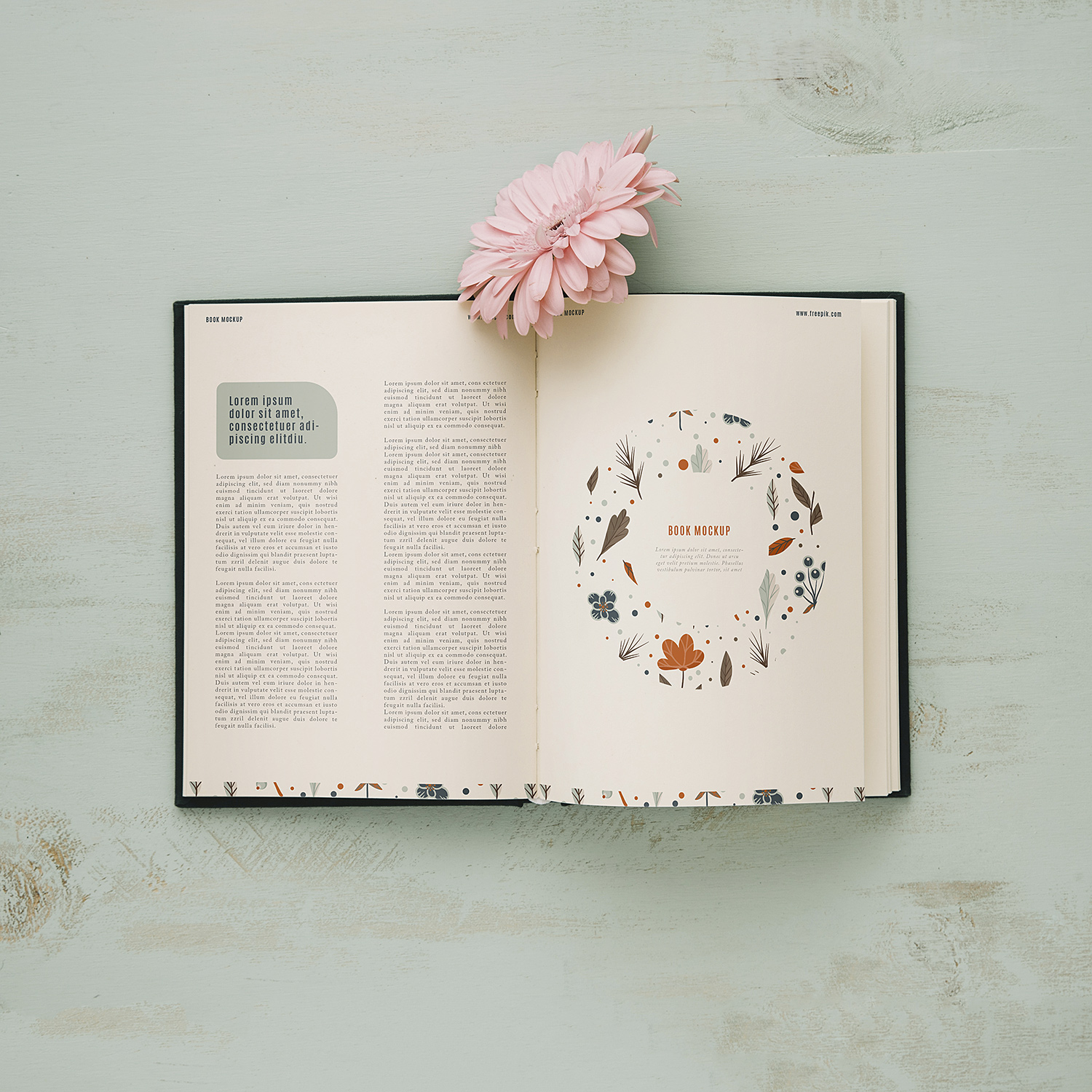 Download Open Book Mockup with Pink Flower | Free Mockup