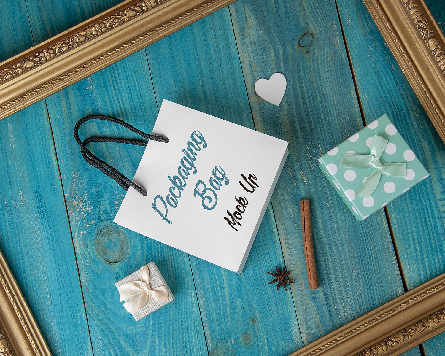 Download Free Gift Bag Mockup on a Blue Wooden Background | Free Mockup