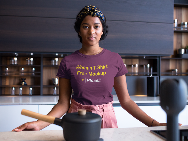 Woman Wearing T-Shirt in Kitchen Free Mockup by Placeit