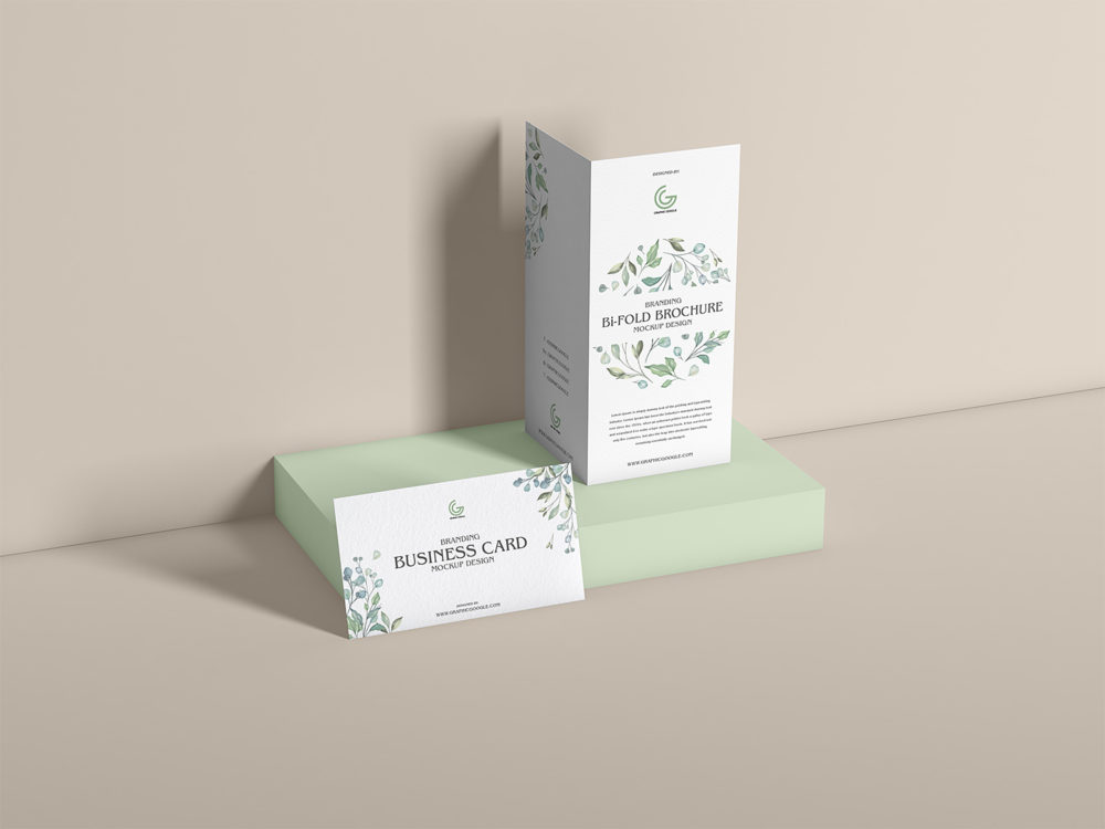 Bi-Fold Brochure with Business Card Mockup