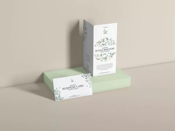 Bi-Fold Brochure with Business Card Mockup