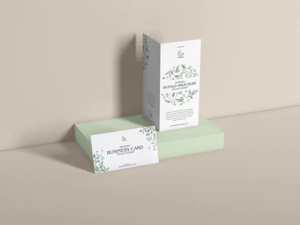 Bi-Fold Brochure with Business Card Mockup