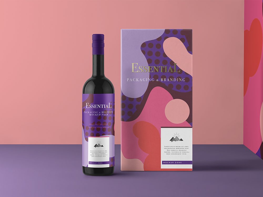Free Wine Bottle and Wine Packaging Box Mockup