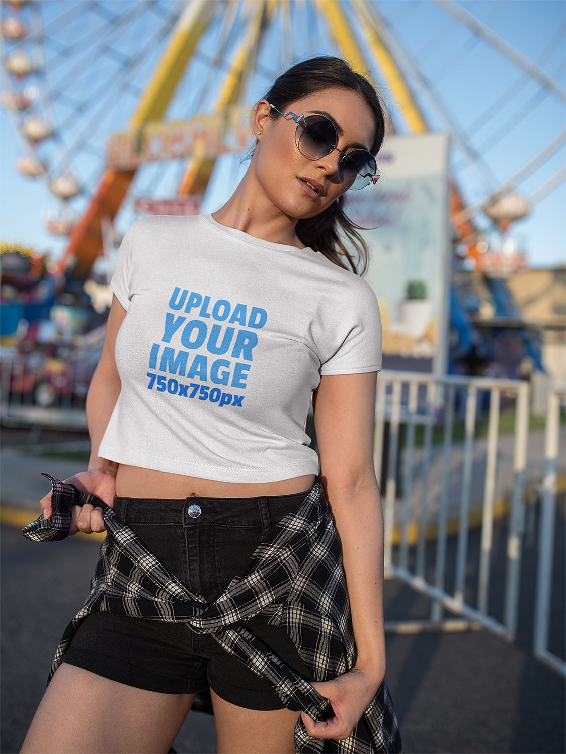 Download Woman Wearing a Crop Top T-Shirt Mockup at an Amusement ...