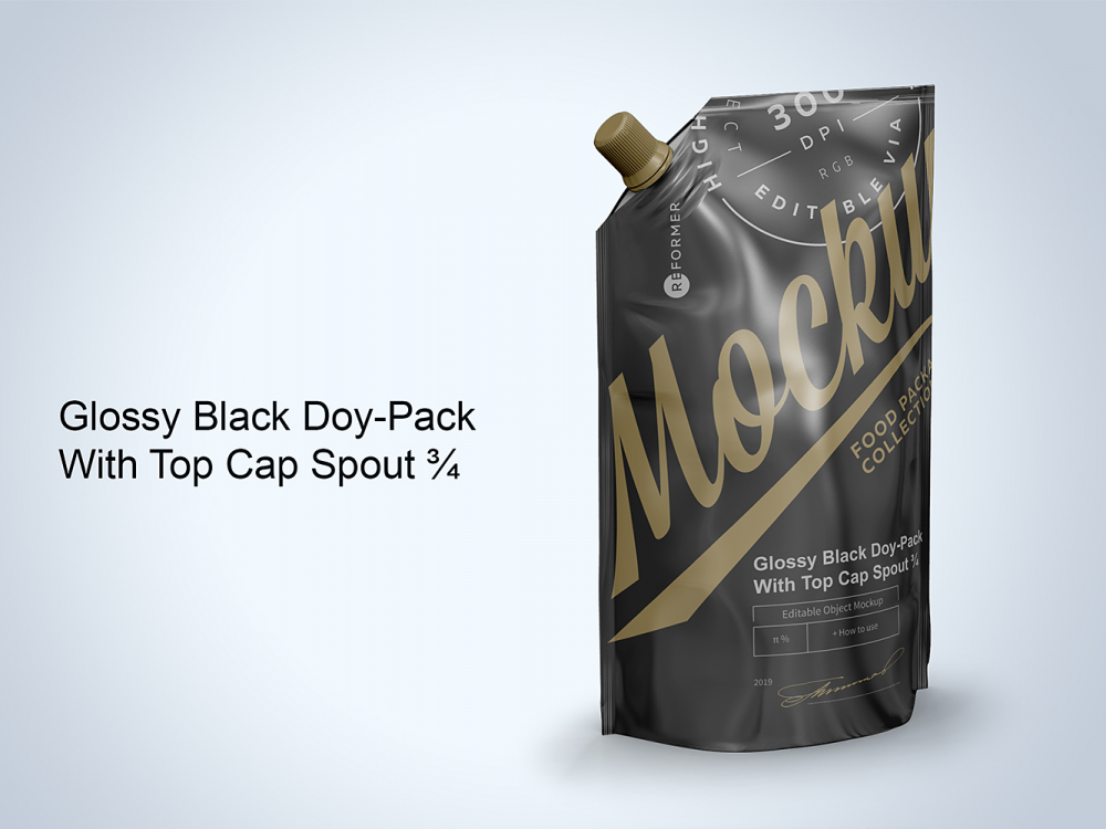 Download Free Glossy Black Doy Pack Mockup With Top Cap Spout Free Mockup