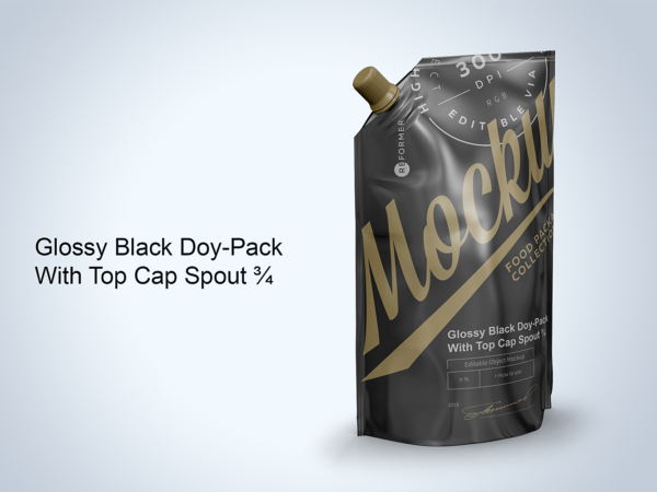 Free Glossy Black Doy-Pack Mockup with Top Cap Spout
