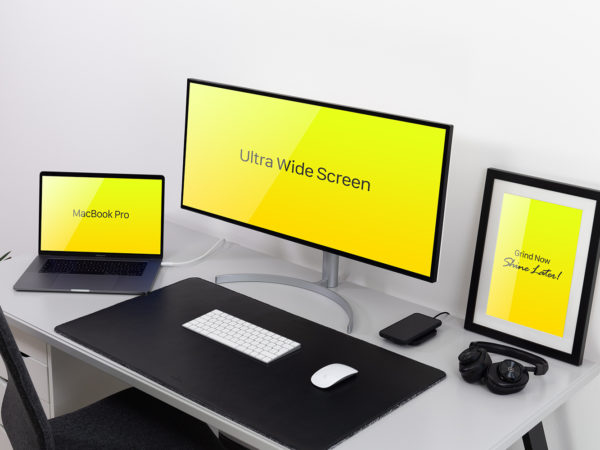 Ultra-Wide Monitor, MacBook Pro & Frame Mockup