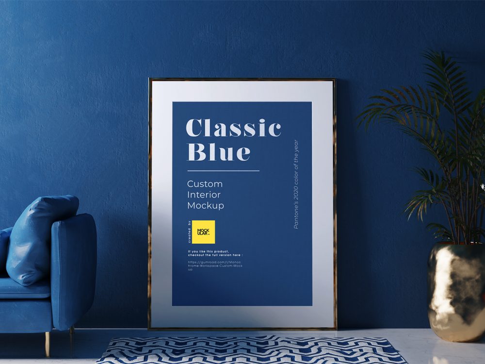 Free Poster Frame Mockup in the Classic Blue Interior