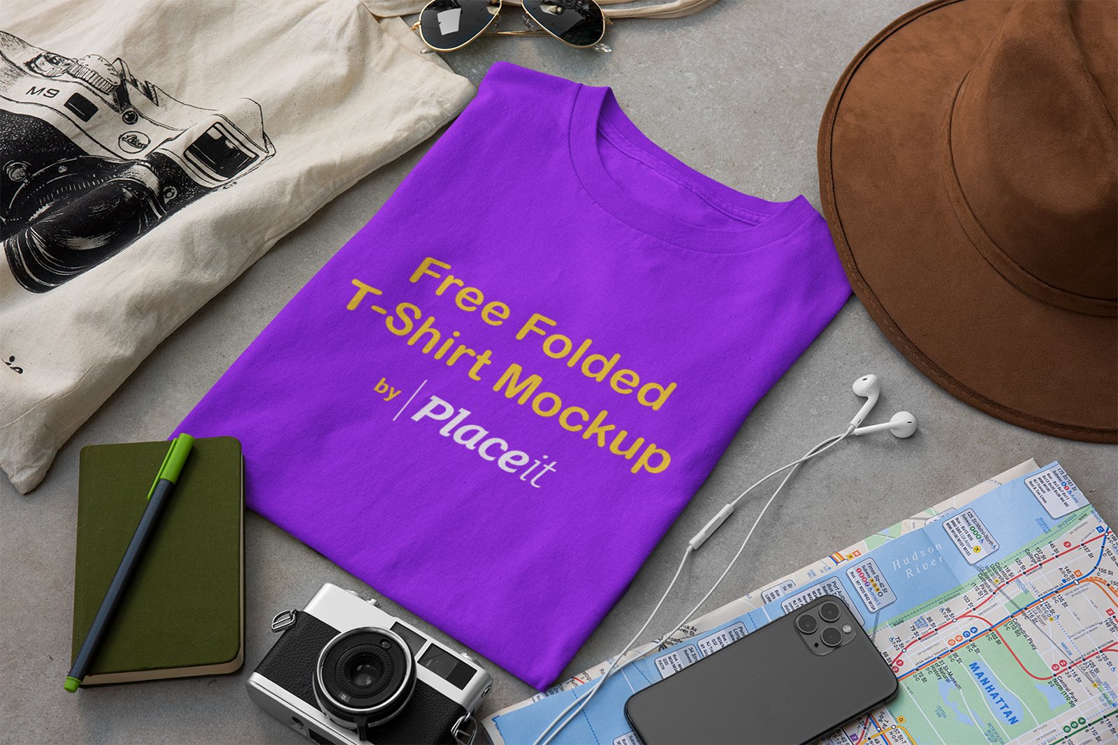 Download T Shirt Mockup Surrounded By Travel Accessories Free Mockup