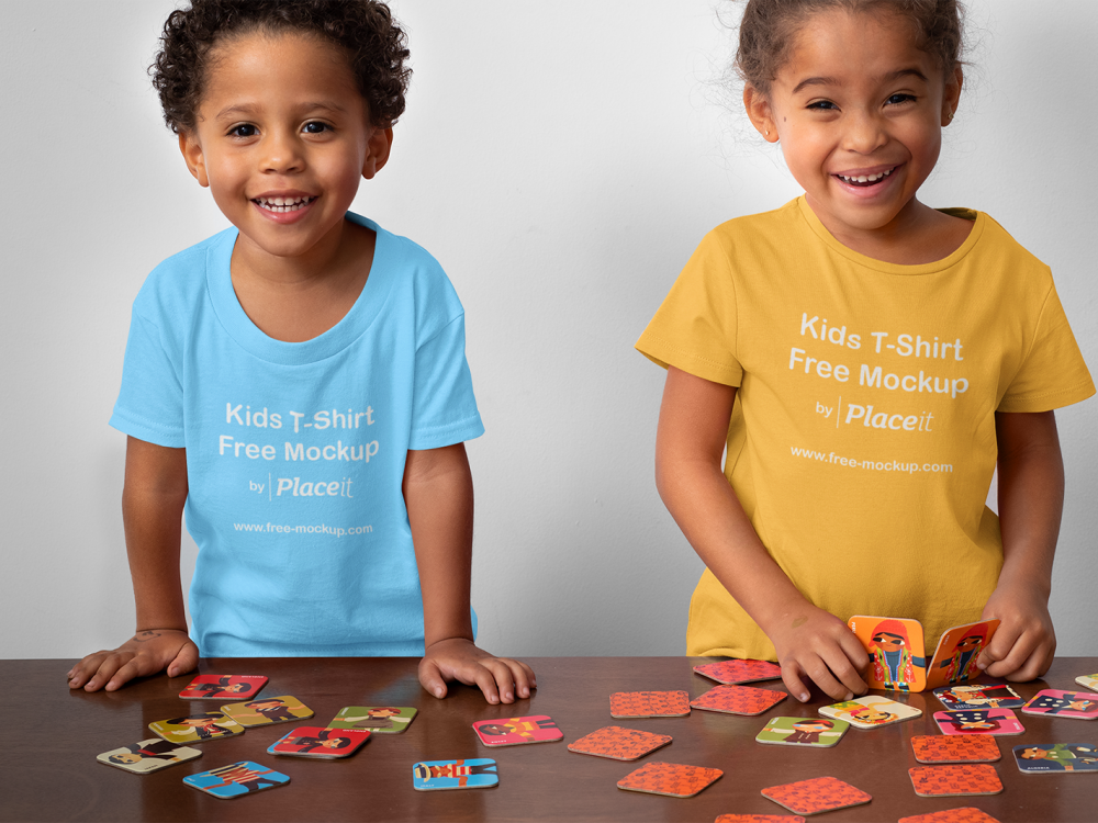 T-Shirt Mockup of Two Siblings Playing Memory