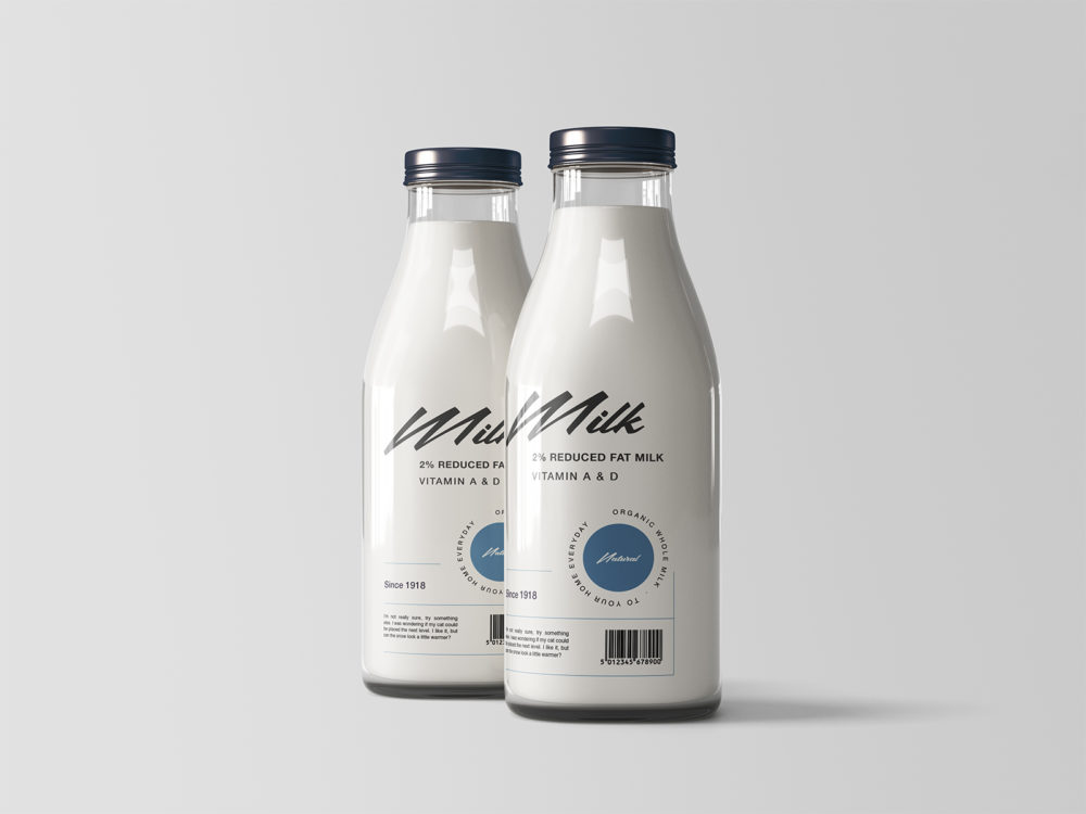 Two glass milk bottles free mockup | free mockup