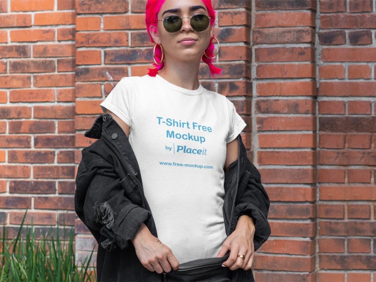 Download T-Shirt Online Free Mockup of a Woman with Pink Hair ...