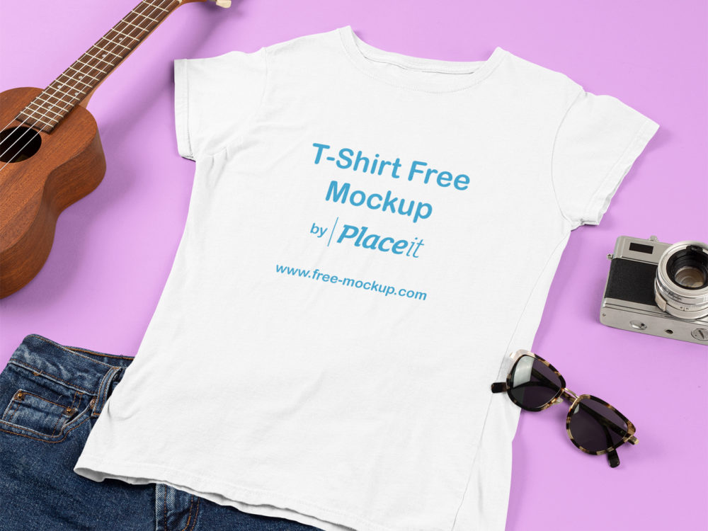 T-Shirt Mockup Featuring a Ukulele and a Women's Outfit