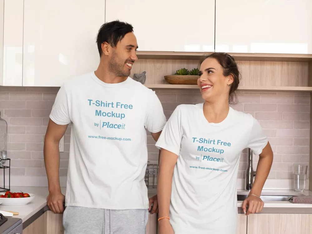 T-Shirt and Night Dress Placeit Mockup of a Couple in Pajamas at Home