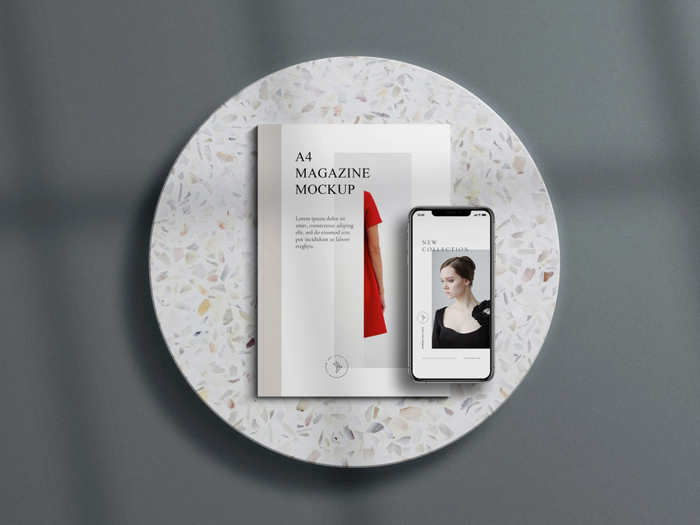 A4 Magazine with iPhone Free Mockup Scene