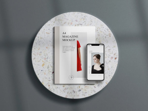 A4 Magazine with iPhone Free Mockup Scene