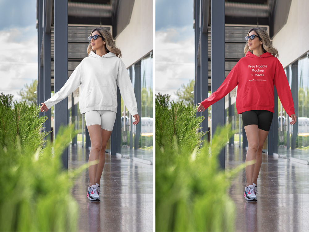 Placeit mockup of a woman wearing a fitness outfit with a hoodie | free mockup