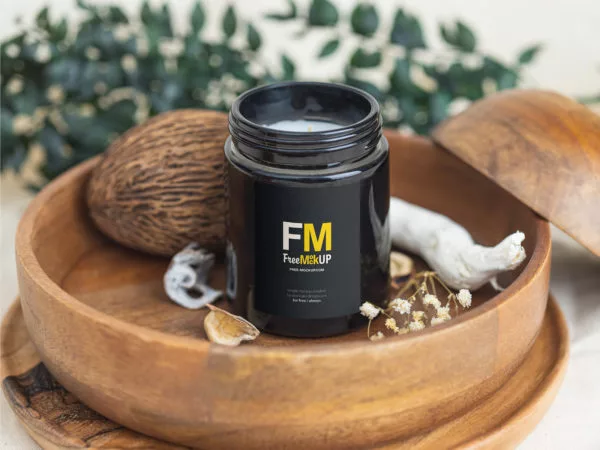 Candle Label Branding Mockup on the Wooden Tray