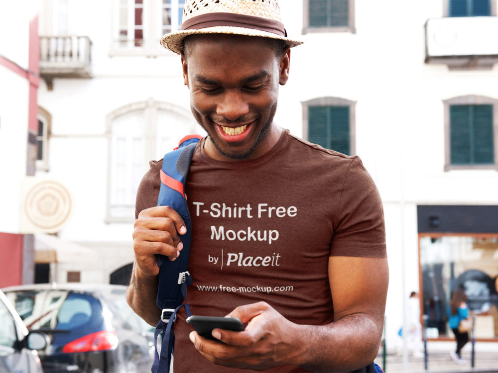 T shirt placeit mockup of an excited man traveling 02 | free mockup