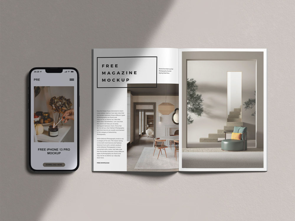 A4 Magazine and iPhone 13 Pro Max Mockup PSD