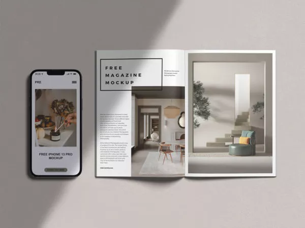 A4 Magazine and iPhone 13 Pro Max Mockup PSD