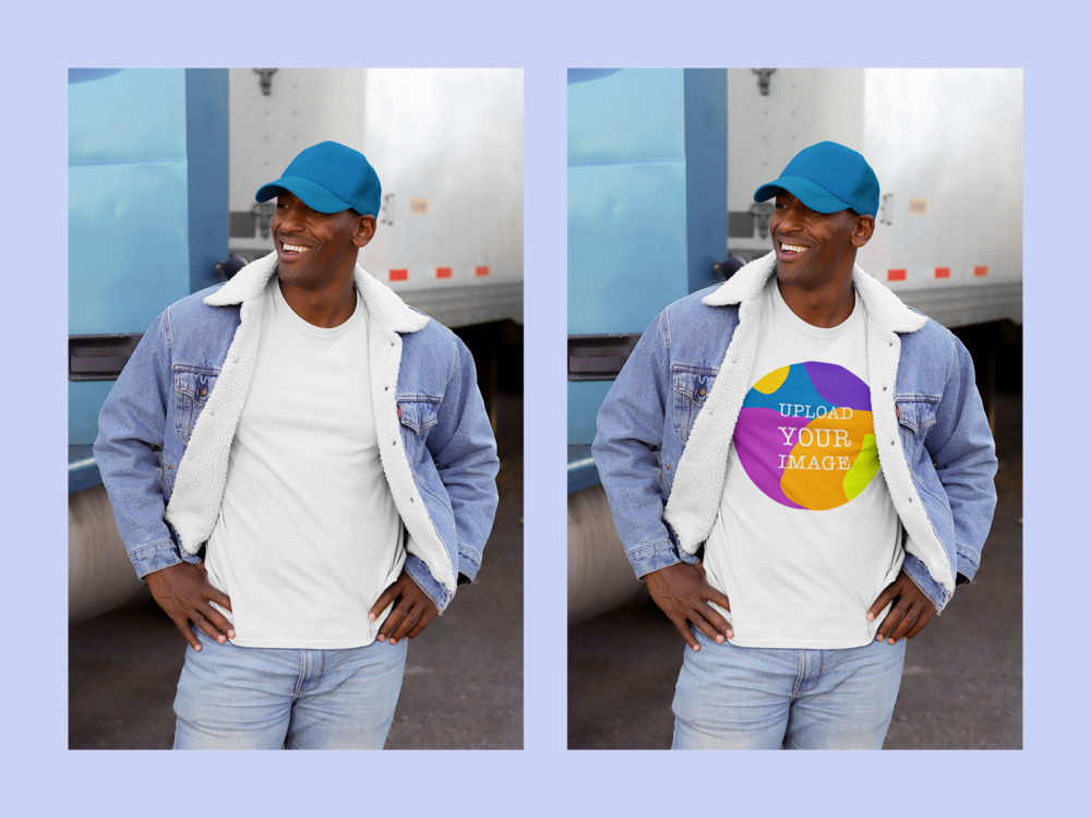 Mockup of a Man Wearing a Customizable T-Shirt and Trucker Hat