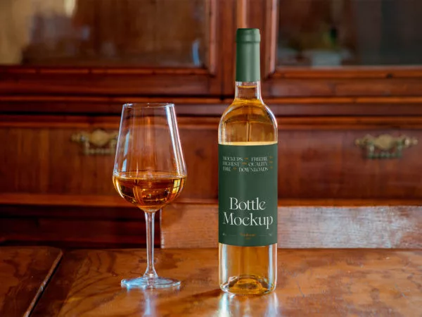 Wine Bottle Mockup with Wine Glass