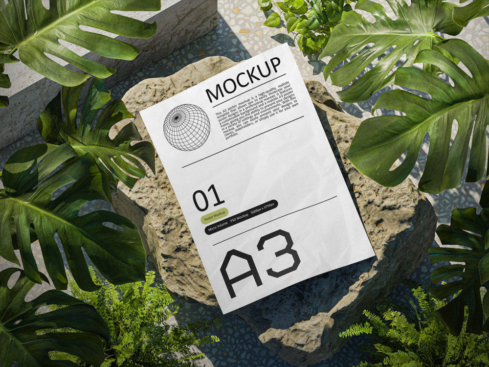 Wrinkled A3 Poster Free Mockup with Plants