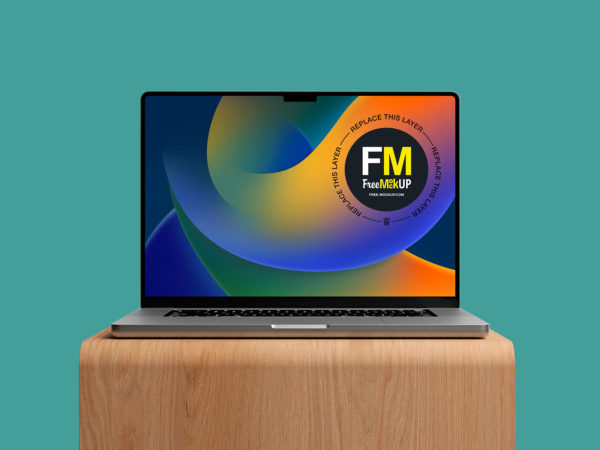 MacBook Pro On A Wood Stand Free Mockup