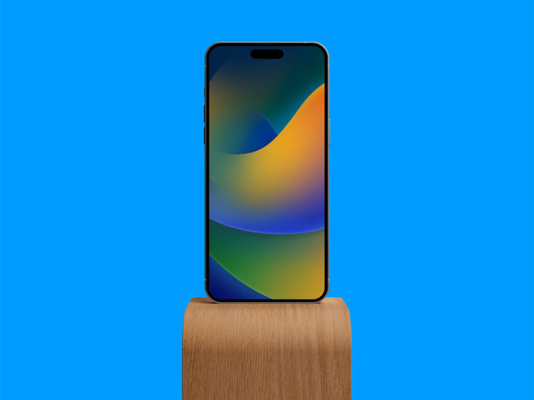 iPhone 14 Pro Max Mockup on a Wood Stand