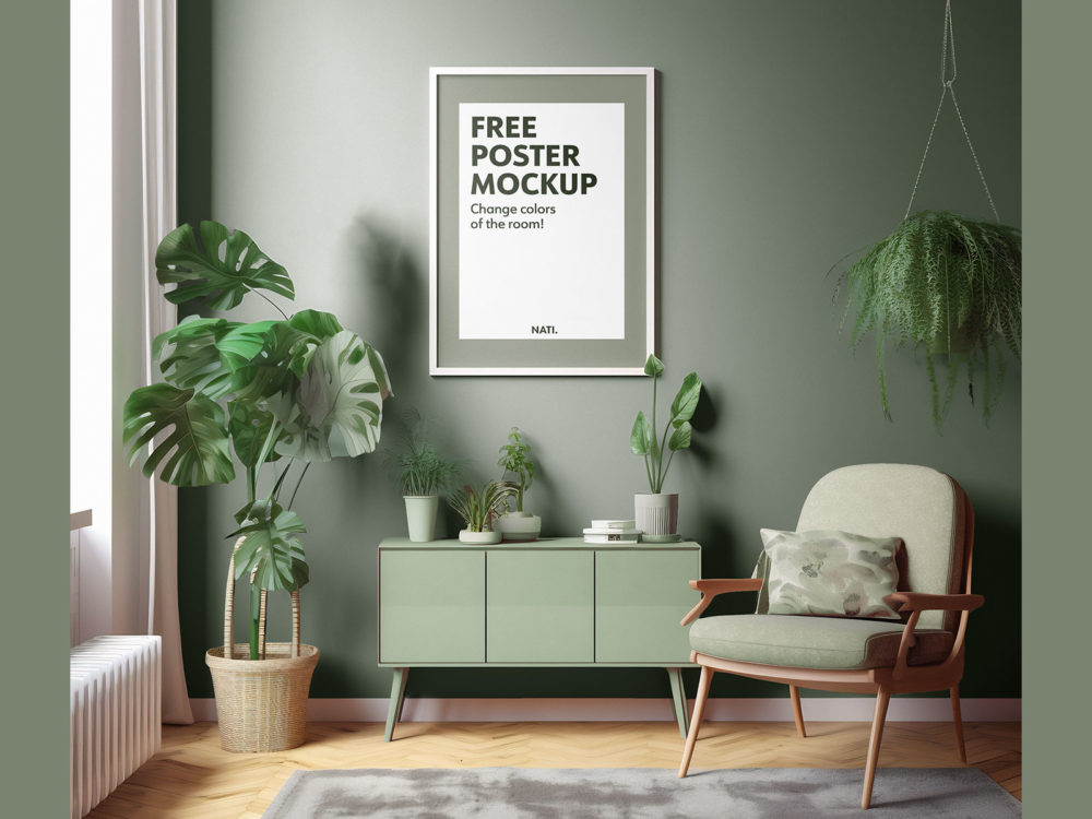 Free Framed Poster Mockup in Living Room