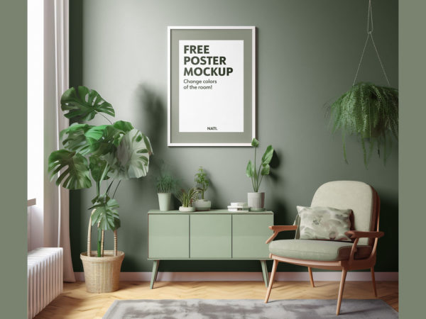 Free Framed Poster Mockup in Living Room