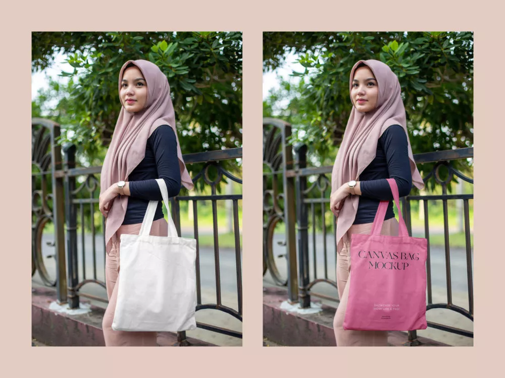 Free Woman in Park Holding Canvas Bag Mockup PSD