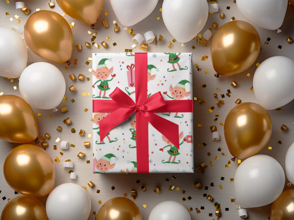 Gift Box Mockup Covered in Wrapping Paper with Balloons Around