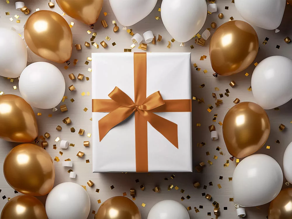 Gift Box Mockup Covered in Wrapping Paper with Balloons Around