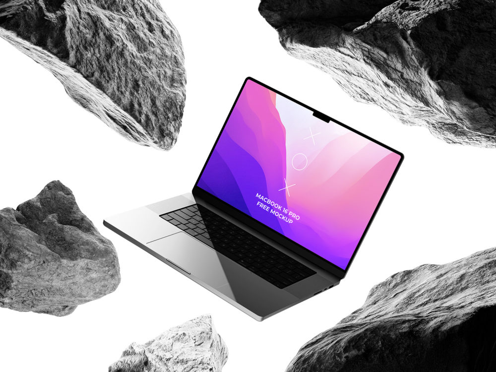 MacBook 16 Pro Free Mockup with Levitating Stones Around It