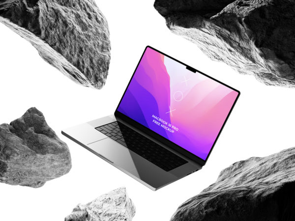 MacBook 16 Pro Free Mockup with Levitating Stones Around It